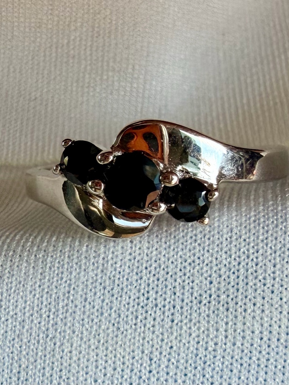 14K White Gold/925 Sterling Silver Black Sapphire Ring